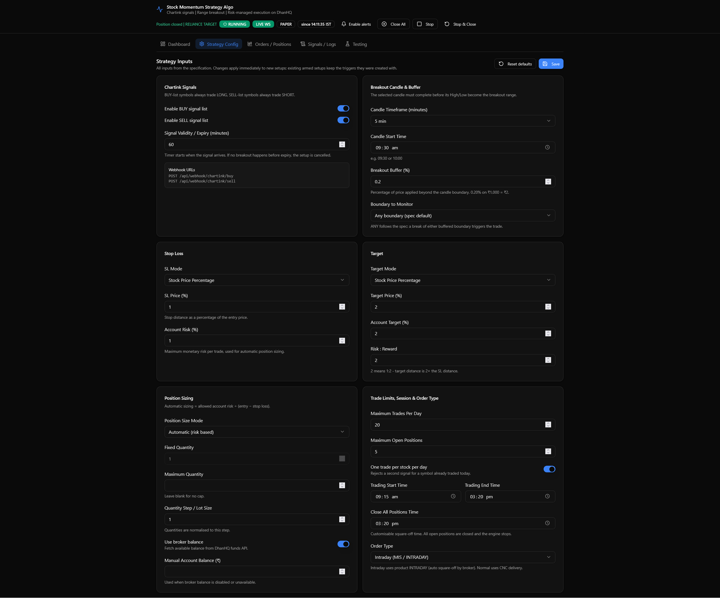 Live trading dashboard of the Dhan API momentum strategy algo