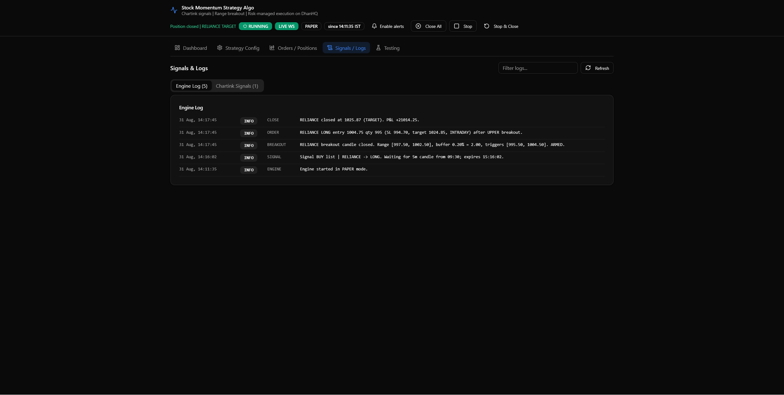 Logs and monitoring screen of the algo trading engine