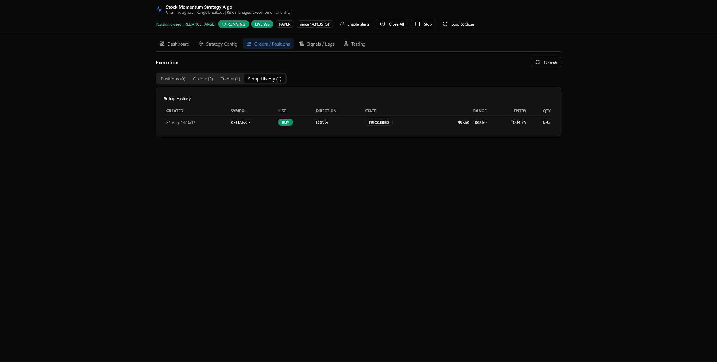 Open positions with live risk and P&L tracking