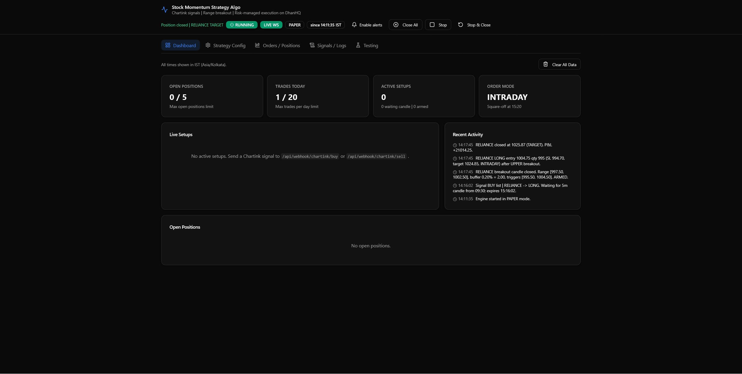 Signal and strategy management screen of the trading algo system