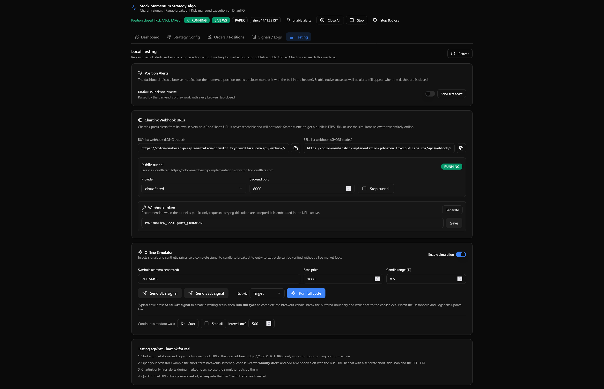 React and TypeScript web dashboard of the algo system